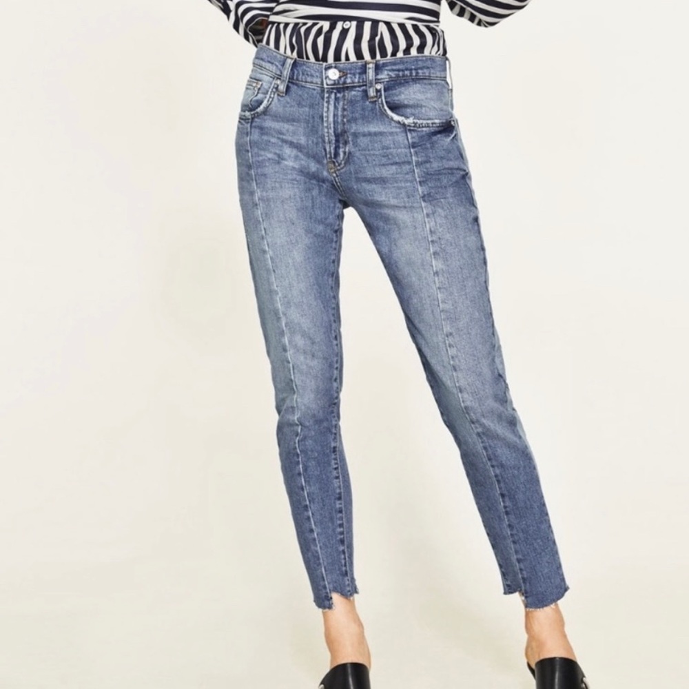 ZARA Jeans Asymmetric Hem Center Seam Blue Trendy Stretch